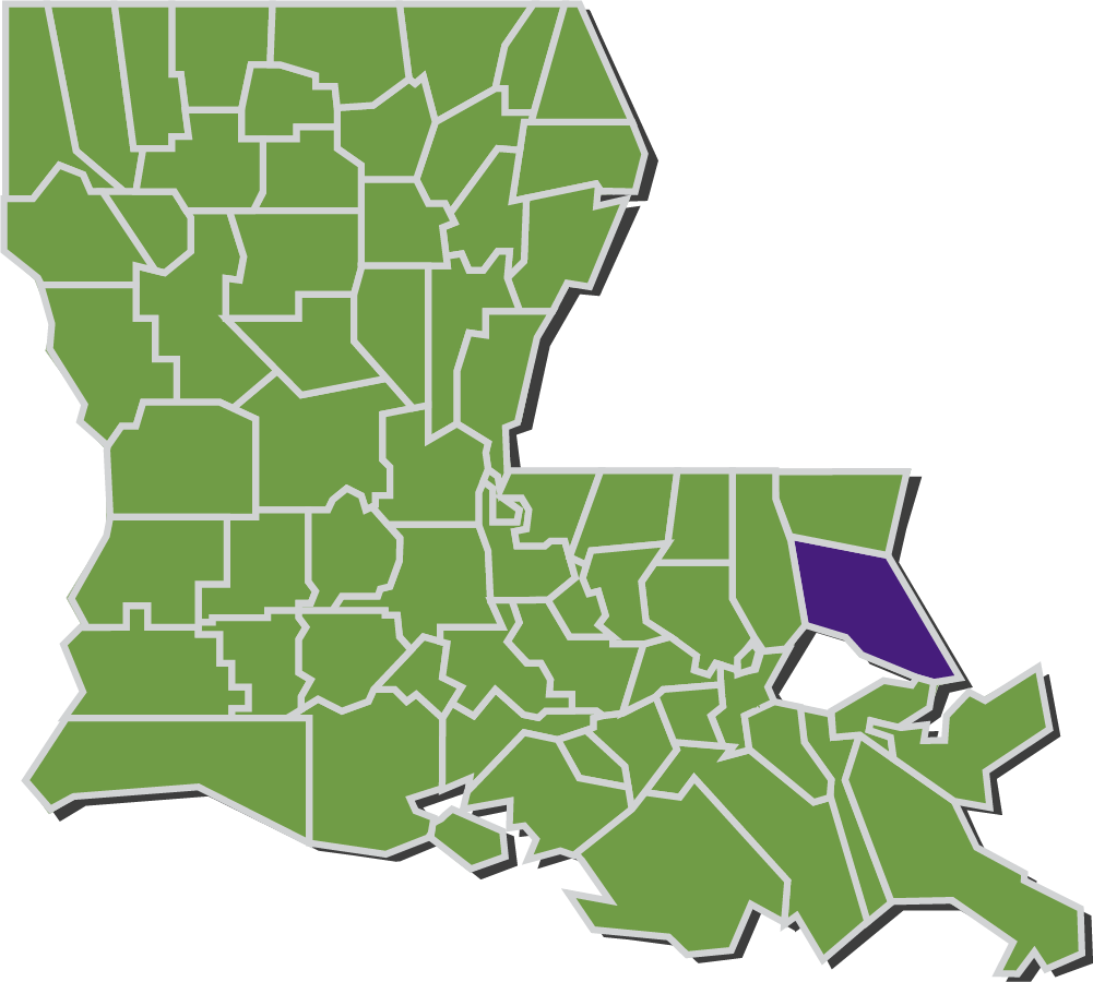 Map of Louisiana parishes with St. Tammany parish highlighted in purple.